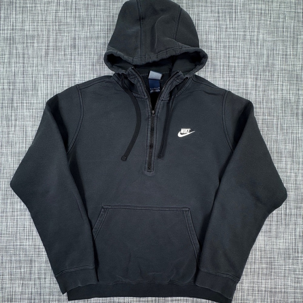Nike Mens Large Quarter Zip Hoodie Black Cotton Blend Fleece Kangaroo Pocket